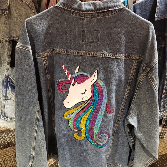 Upcycled Denim Jacket Holographic Unicorn - Picture 2 of 4